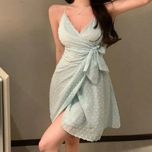 Spaghetti Strap Tie-Front Dotted A-Line Dress